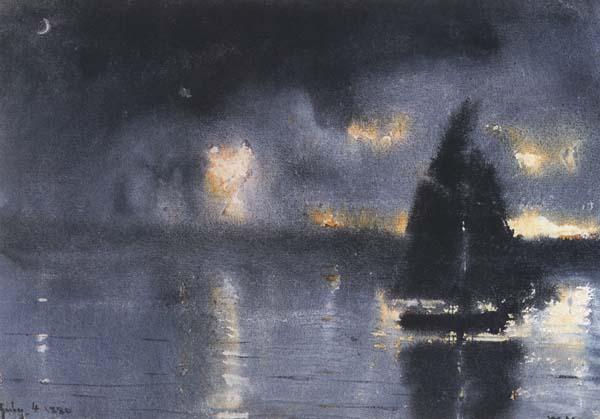 Winslow Homer Sailboat and Fourth of July Fireworks (mk44) oil painting image